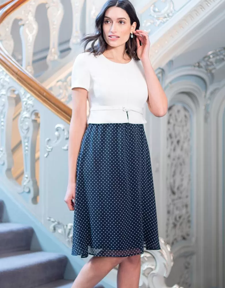 Seraphine Gepunktetes Umstands- und Stillkleid aus Seide - Dunkelblau |