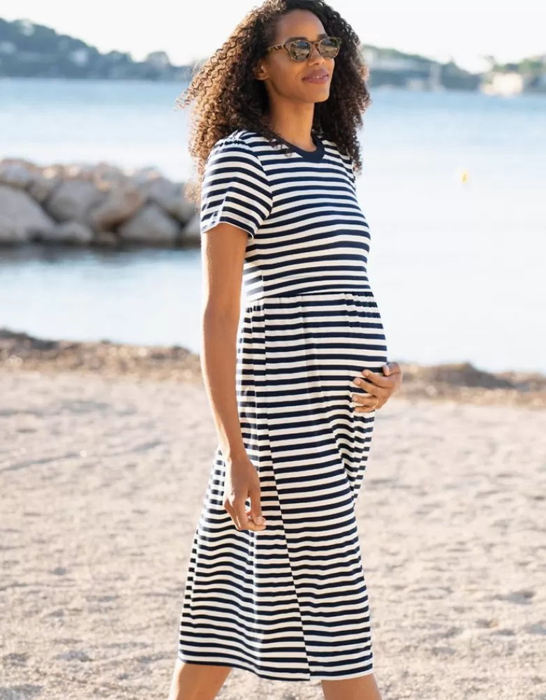 Seraphine Umstands- und Stillkittel-T-Shirt-Kleid in Midilänge in Marineblau und Weiß |