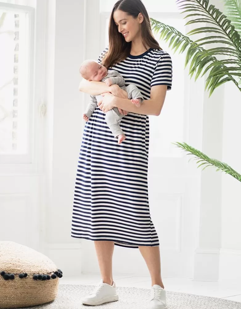 Seraphine Umstands- und Stillkittel-T-Shirt-Kleid in Midilänge in Marineblau und Weiß |