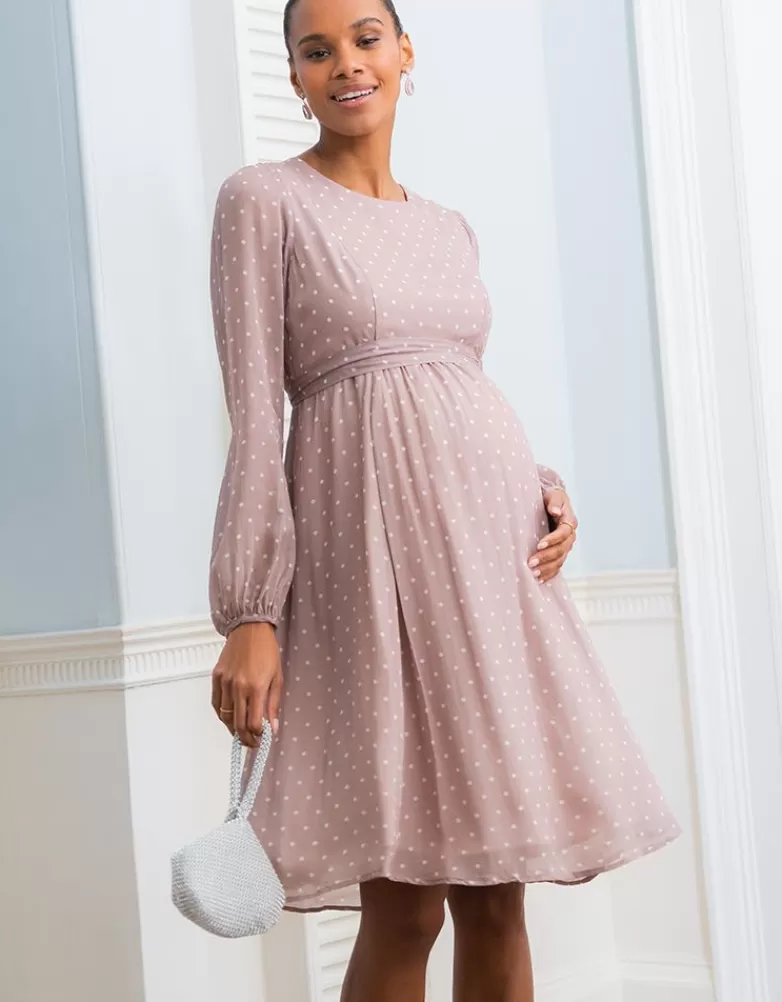 Seraphine Umstands- und Stillkleid aus taupefarbenem und weißem Punkt-Chiffon |