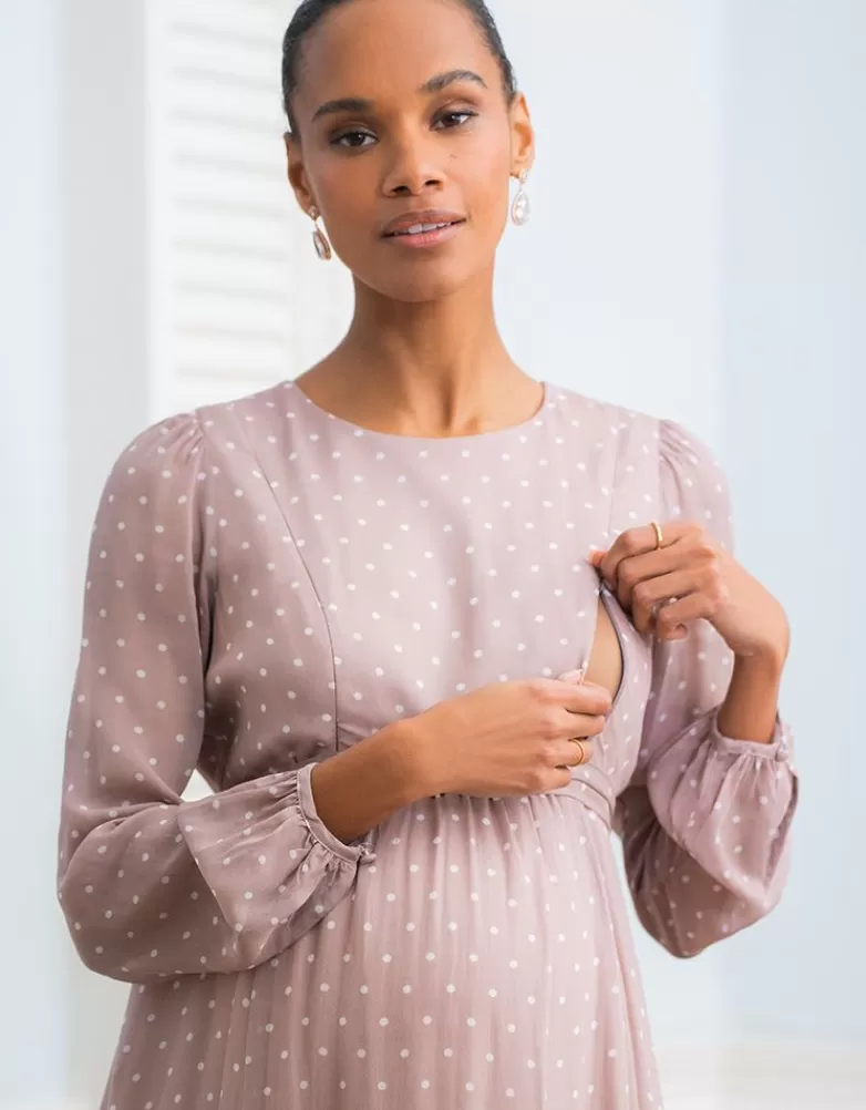 Seraphine Umstands- und Stillkleid aus taupefarbenem und weißem Punkt-Chiffon |
