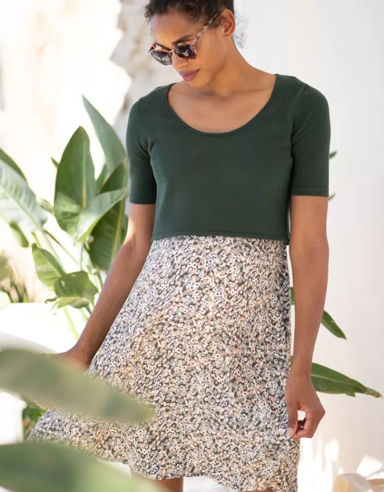 Seraphine Umstands- und Stillkleid mit Oberteil in Khakigrün mit Ditsy-Blumendruck |