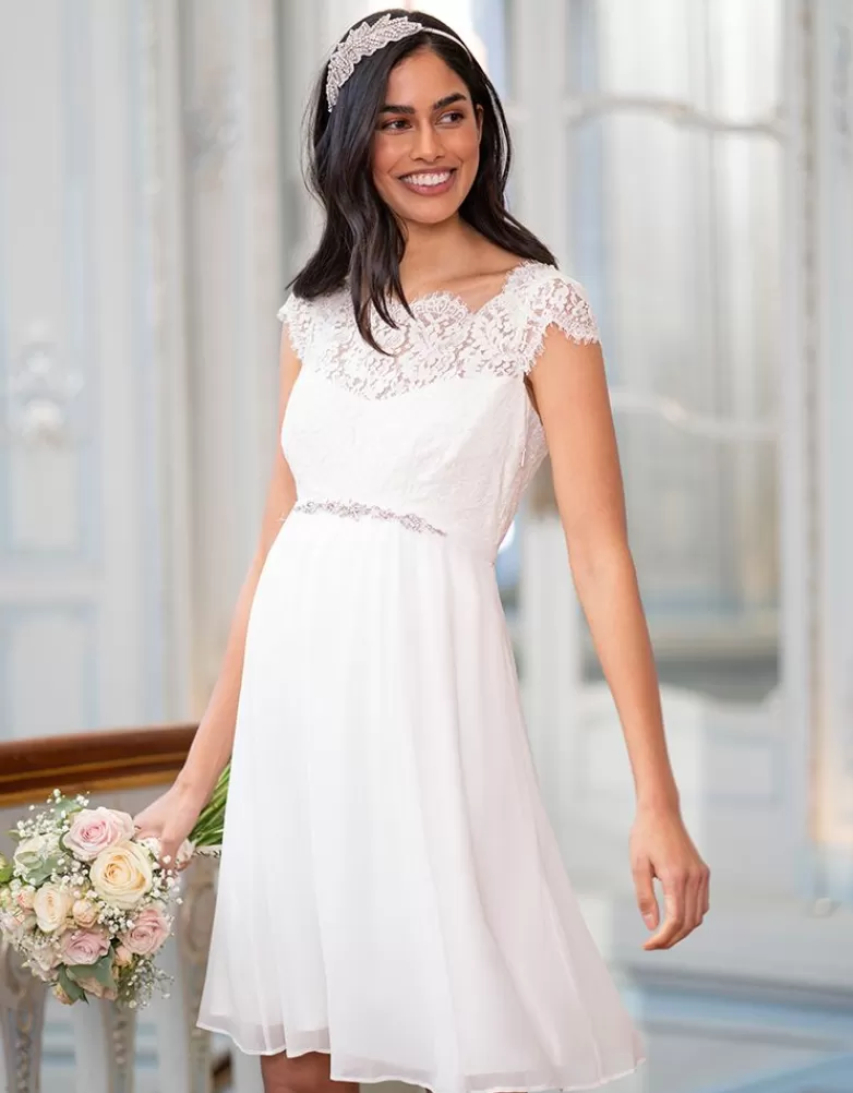 Seraphine Umstandskleid aus elfenbeinfarbener Wimpernspitze und Seidenchiffon |